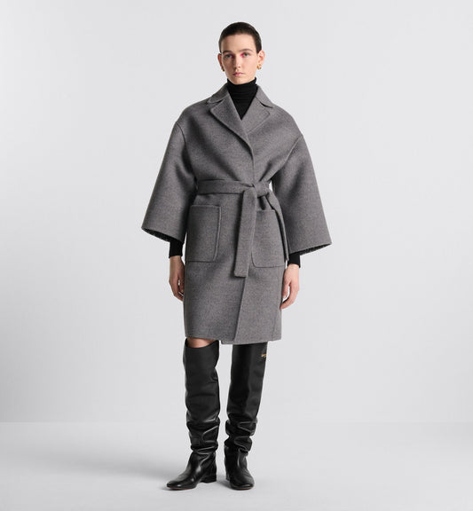 Coat With Belt Gray Double Sided Virgin Wool And Silk With Miss Luxury Dior Allover Interior