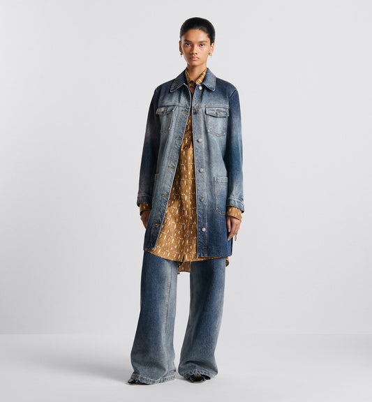 Long Belted Jacket Blue Stonewashed Cotton Denim With Luxury Dior Oblique Interior