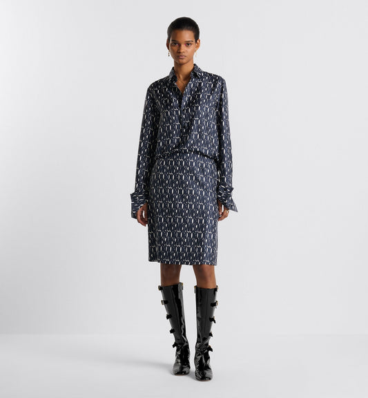 Skirt White Silk Twill With Navy Blue Miss Luxury Dior Allover Motif