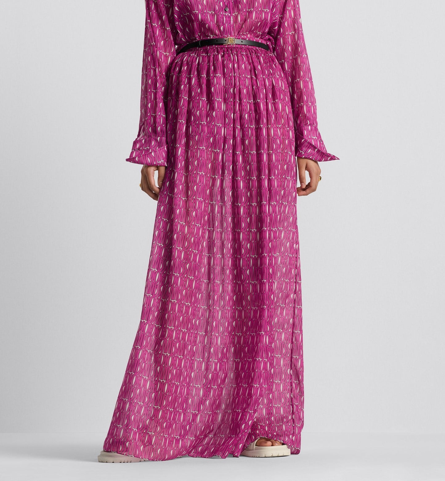 Long Pleated Skirt White Cotton Muslin With Fuchsia Miss Luxury Dior Allover Motif