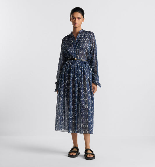 Pleated Mid Length Skirt White Cotton Muslin With Navy Blue Miss Luxury Dior Allover Motif