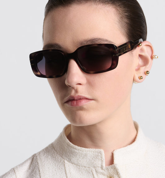 Luxury Diorsignature S12I Light Gray Tortoiseshell Effect Rectangular Sunglasses