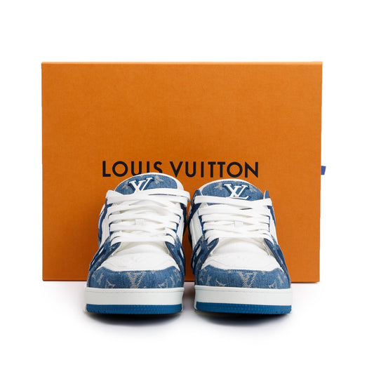Louis Vuitton 2022 Blue/White Denim Calfskin LV Trainer Sneakers, Size 10