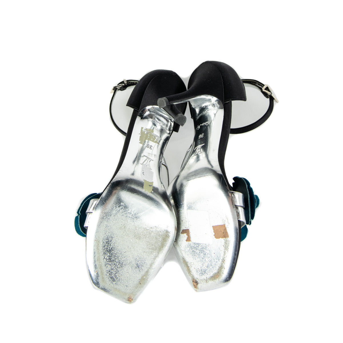 Louis Vuitton Black Satin & Blue Floral Embellished Sandals Size 6 | EU 36