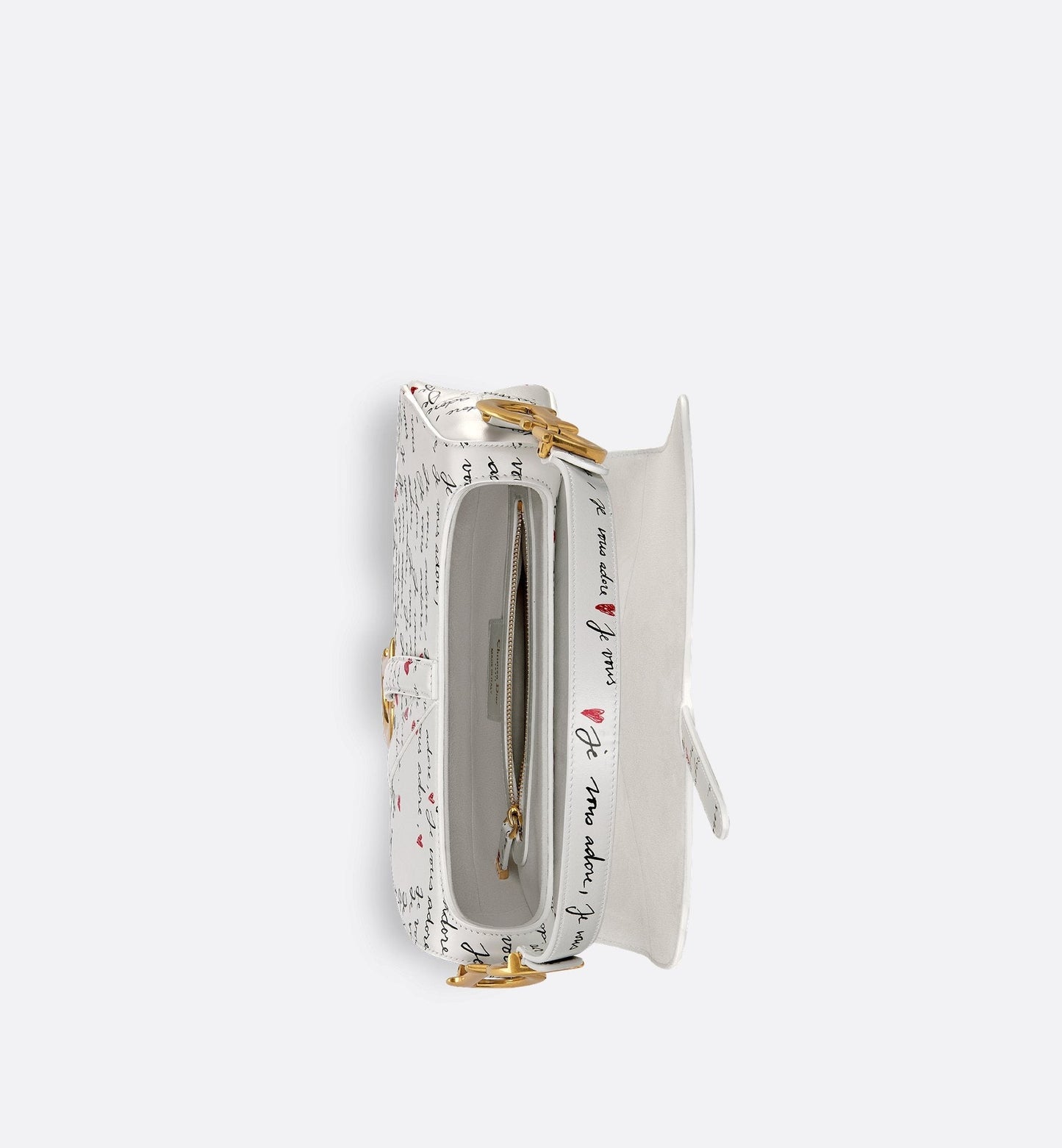 Luxury Dioramour Saddle Bag With Strap White Calfskin With Black And Red Je Vous Adore Print