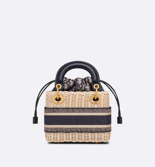Mini Lady Luxury Dior Bag Natural Wicker And Blue Luxury Dior Oblique Jacquard