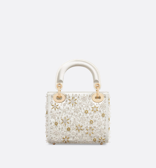 Mini Lady Luxury Dior Bag Latte Satin Embroidered With White Resin Pearls