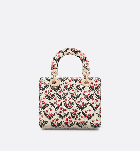 Luxury Dioramour Small Lady Luxury Dior Bag White Calfskin With Black And Red Luxury Dior Lily Of The Valley Print And Embroidery