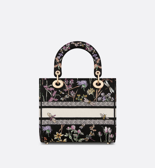 Medium Lady D-Lite Bag Black Multicolor Luxury Dior Herbarium Embroidery