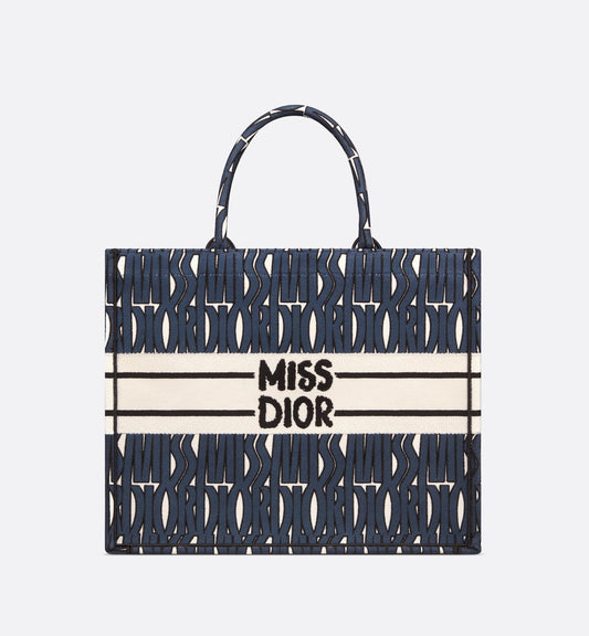 Large Luxury Dior Book Tote Blue And White Miss Luxury Dior Allover Embroidery