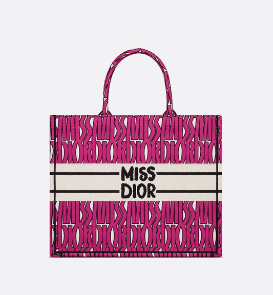 Large Luxury Dior Book Tote Fuchsia And Black Miss Luxury Dior Allover Embroidery