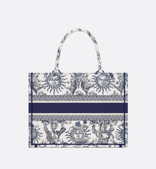 Medium Luxury Dior Book Tote White And Navy Blue Toile De Jouy Soleil Embroidery