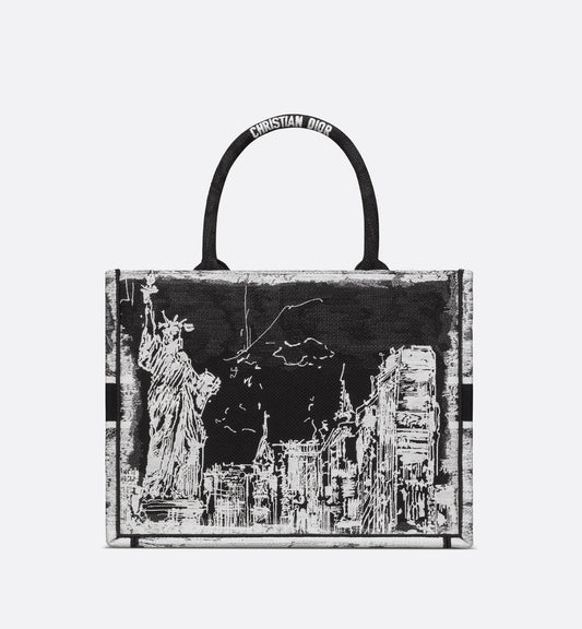 Medium Luxury Dior Book Tote White And Black New York Embroidery