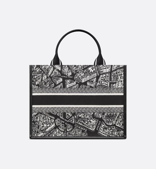 Medium Luxury Dior Book Tote Black and White Plan de Paris Embroidery with Black Calfskin