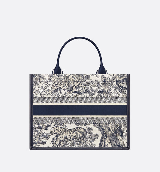 Medium Luxury Dior Book Tote White And Navy Blue Toile De Jouy Sauvage Embroidery With Navy Blue Calfskin