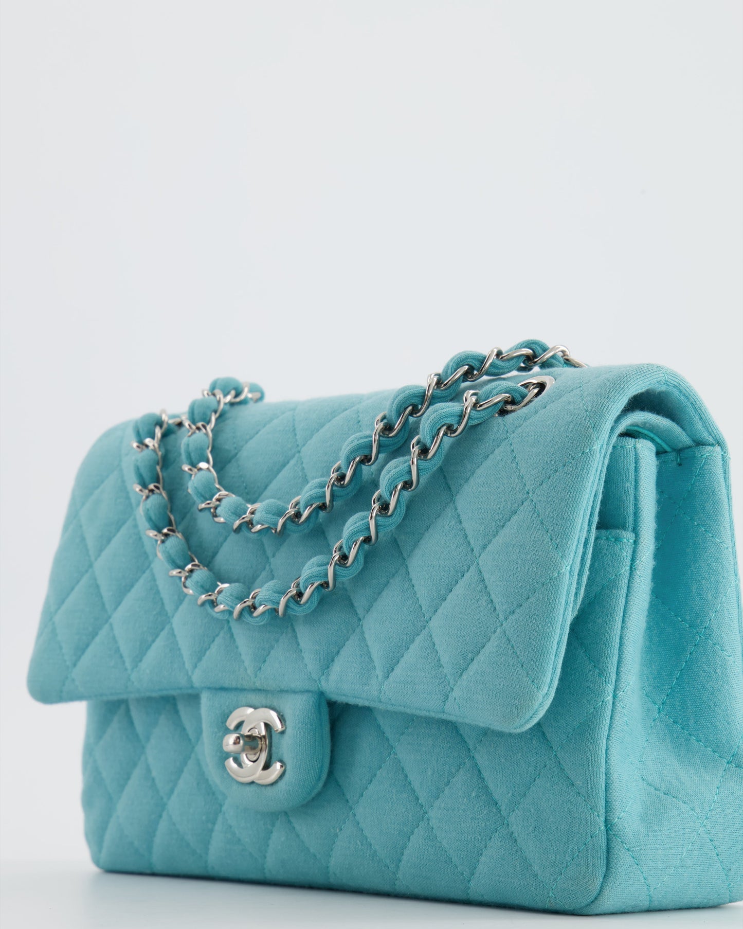 Chanel Turquoise Blue Canvas Medium Classic Double Flap with Silver Hardware RRP - £8,530