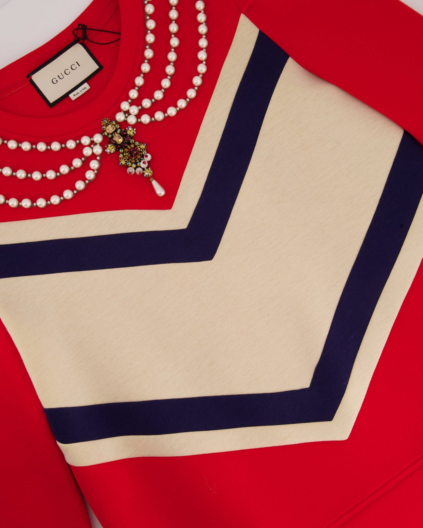 Luxury Gucci Red, Navy and Cream Jumper with Embellished Pearl Collar Detail Size L (UK 12-14)
