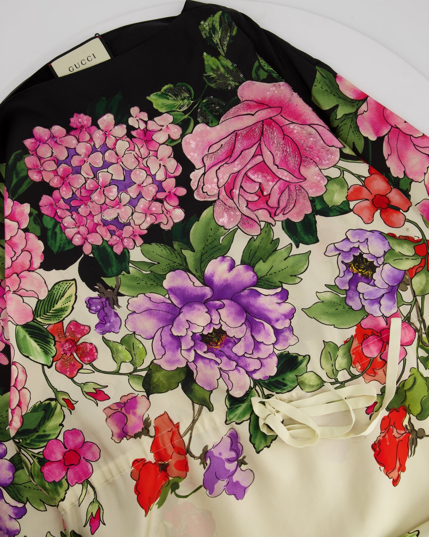 Luxury Gucci Cream, Black, Pink and Purple Floral Silk Print Dress with Drawstring Waist and Embellishment Size IT 44 (UK 12)