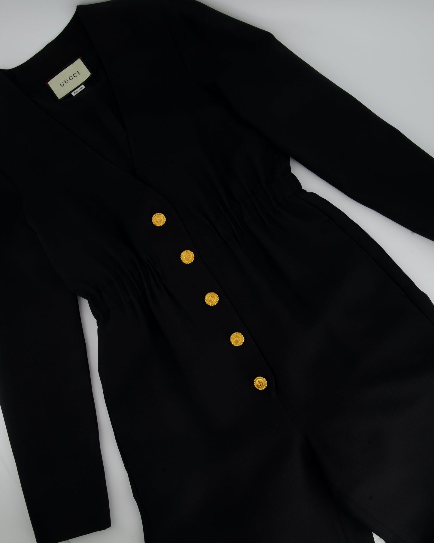 Luxury Gucci Trending 2025 Black Long-Sleeve V-Neck Jumpsuit with Gold Button Detail Size IT 38