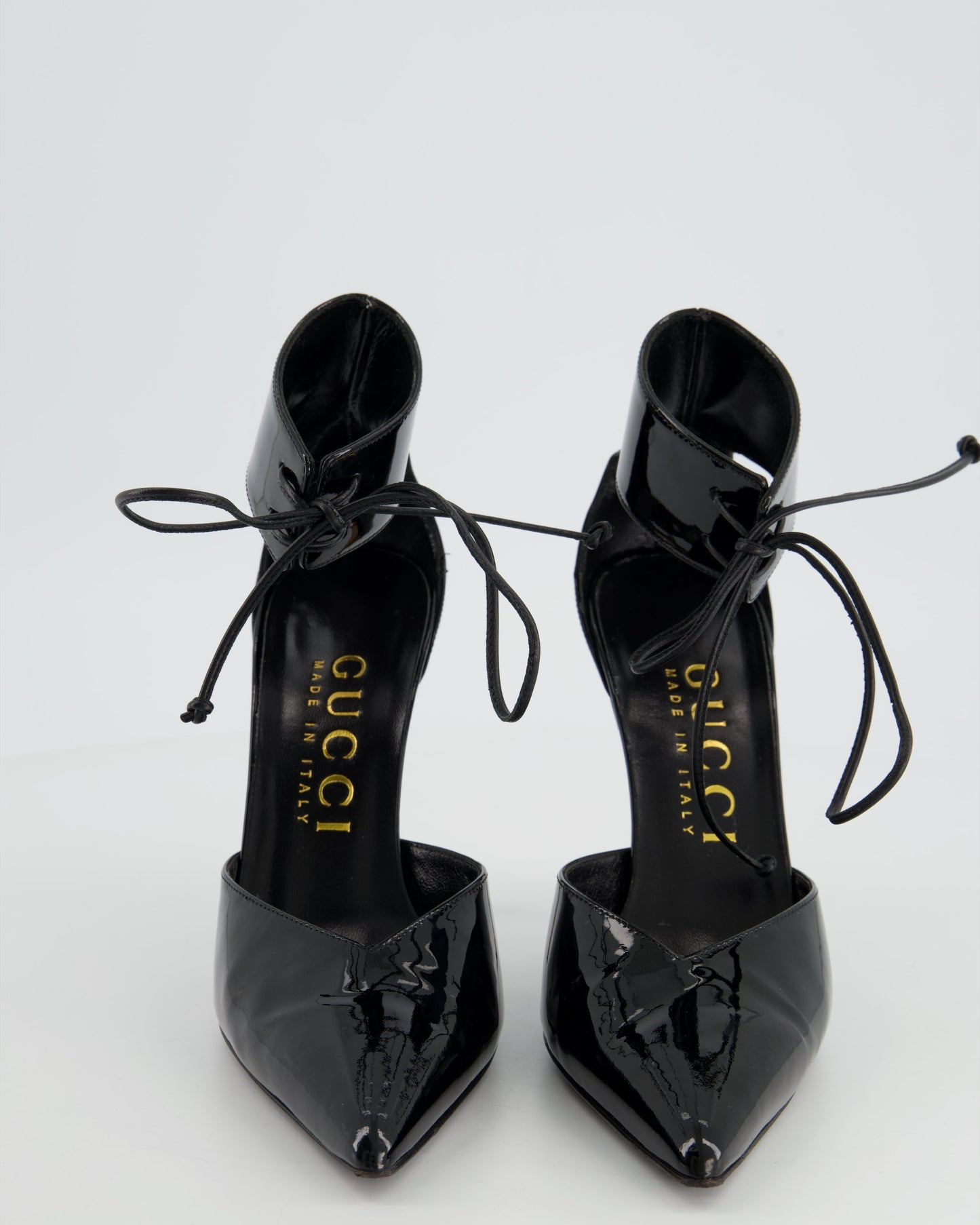 Luxury Gucci Trending 2025 Black Patent Leather Heels With Gold Heels & Ankle Strap Detailing Size EU 39