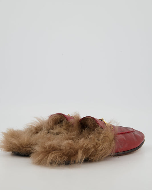 *FIRE PRICE* Luxury Gucci Burgundy Princetown Horsebit Shearling-Lined Leather Backless Loafers Size EU 39 815