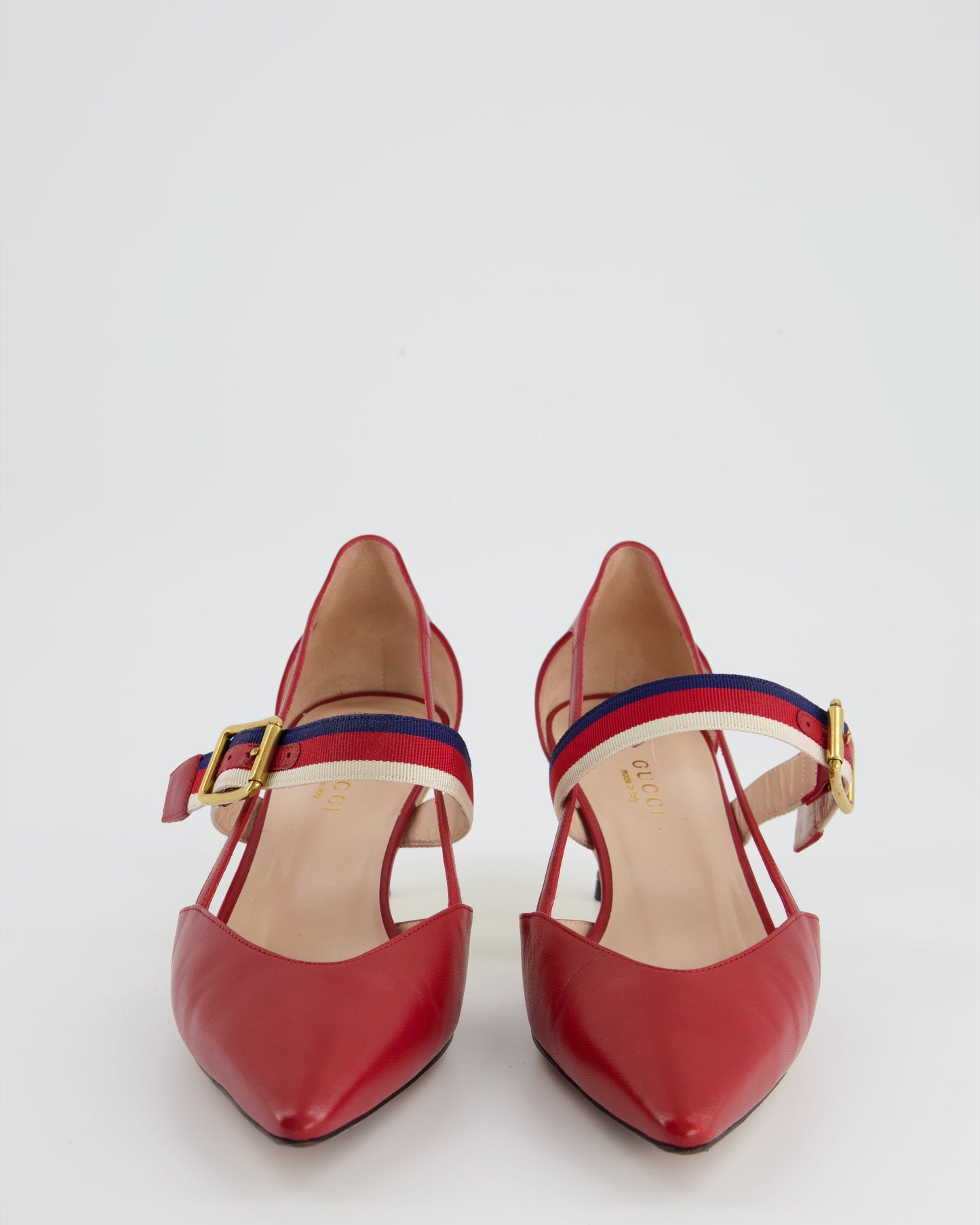 Luxury Gucci Red Pointed Sylvie Web Strap Bamboo Heel Sie EU 39