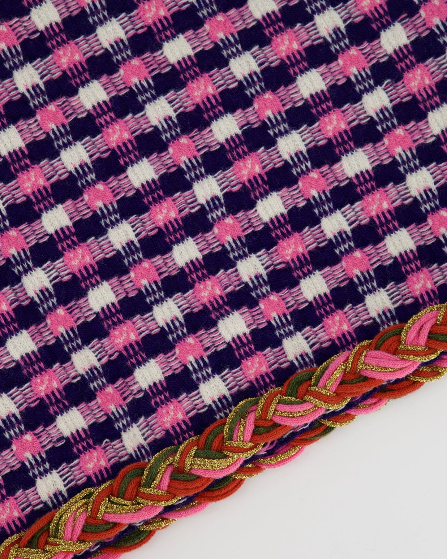 Luxury Gucci Pink, White and Purple Check Knitted Midi Skirt with Metallic Hem Size M (UK 10)