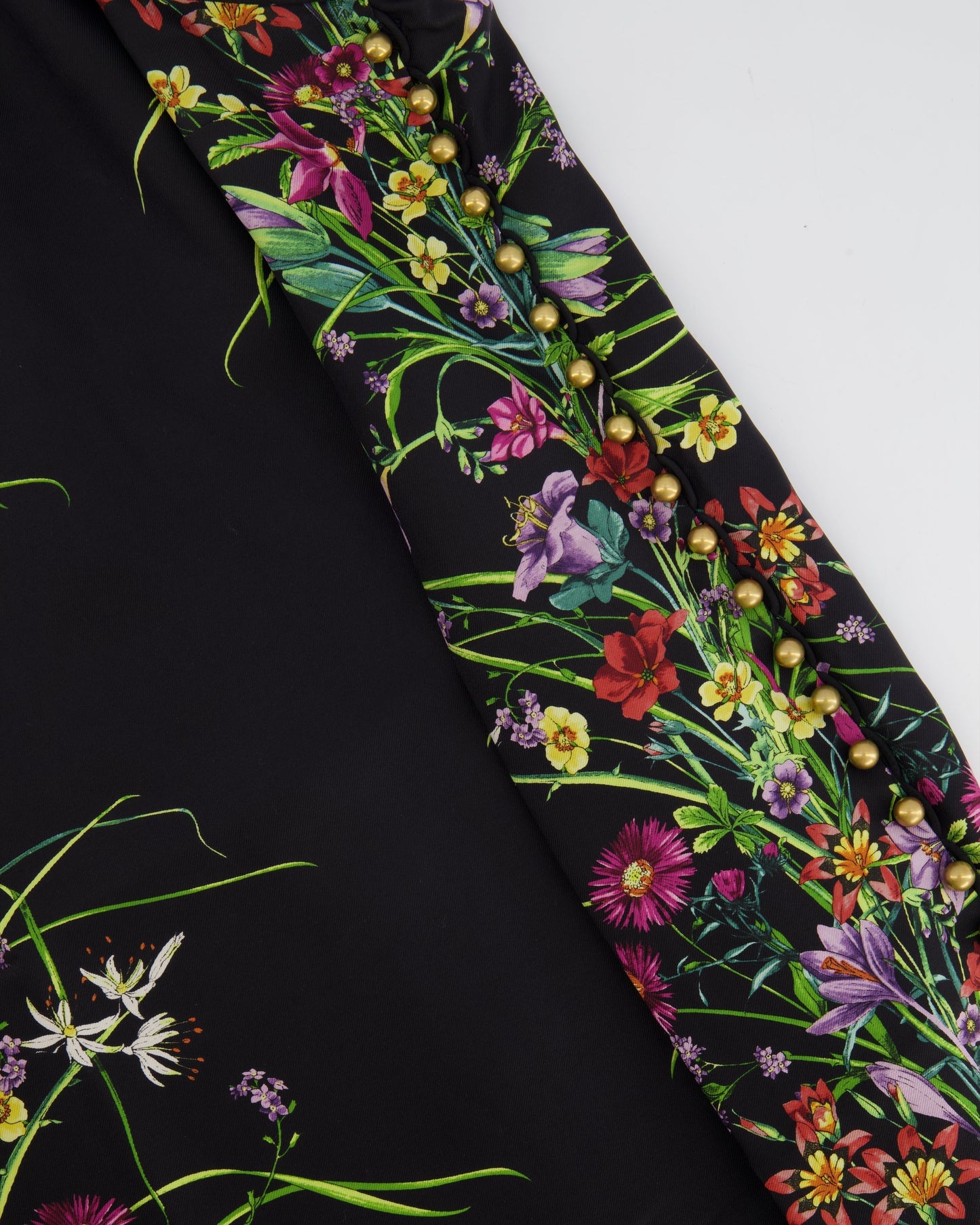 Luxury Gucci Trending 2025 Black Silk Mini Floral Printed Dress with Gold Pearl Embellishments Size IT 38