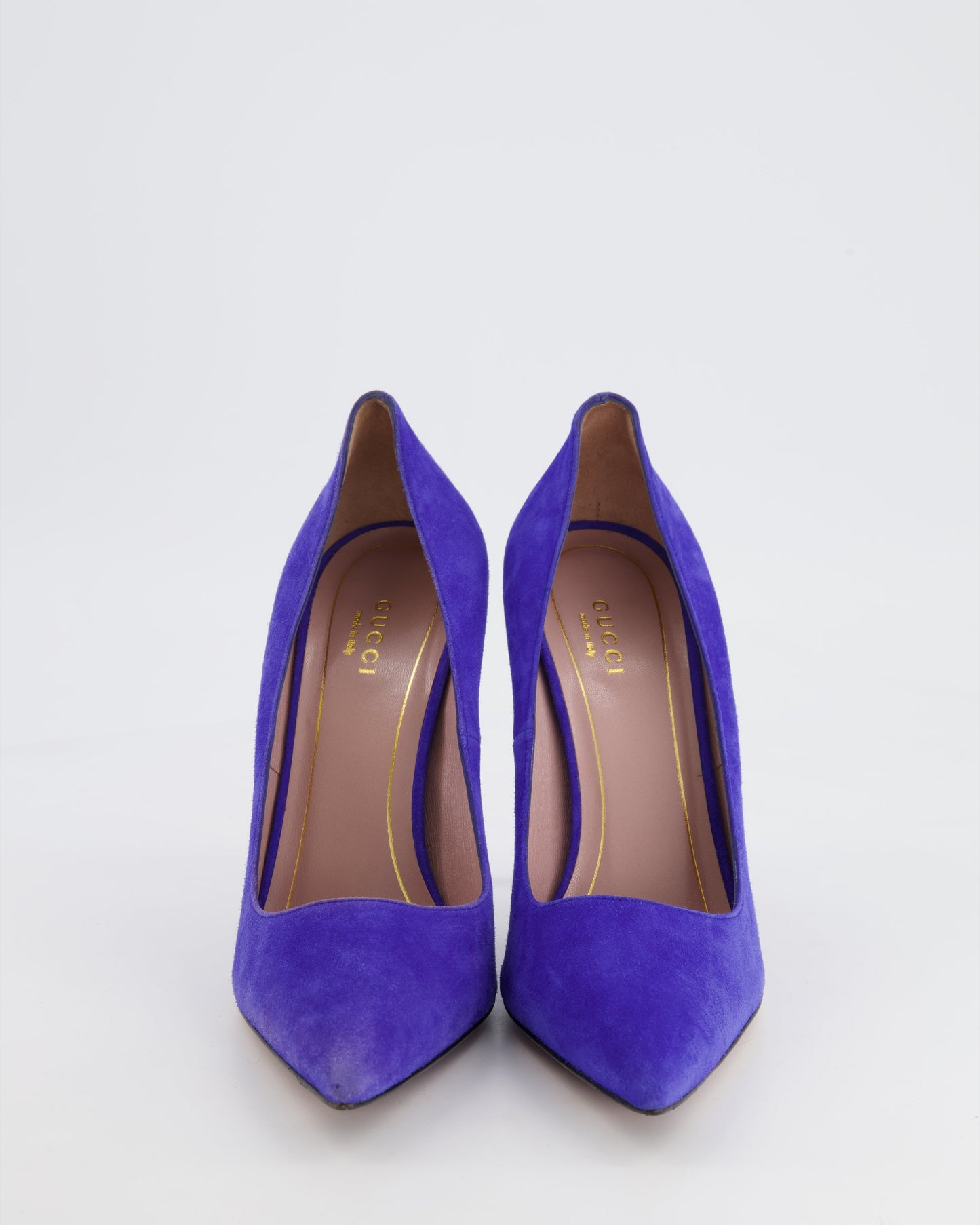 Luxury Gucci Purple Suede Pumps with Gold Logo Detail Size EU 38