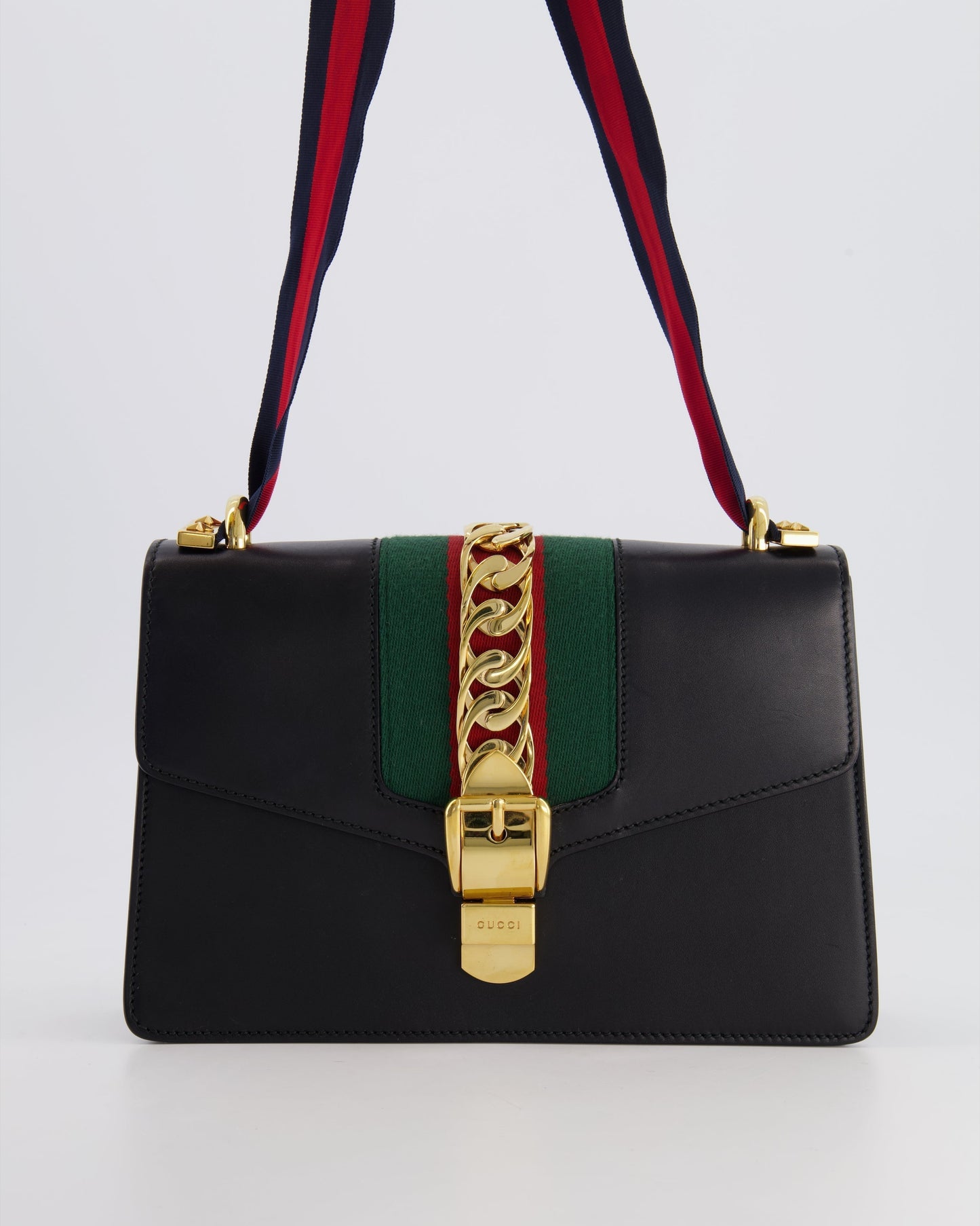 Luxury Gucci Trending 2025 Black Leather Small Sylvie Bag Canvas with Gold Hardware and Canvas Strap