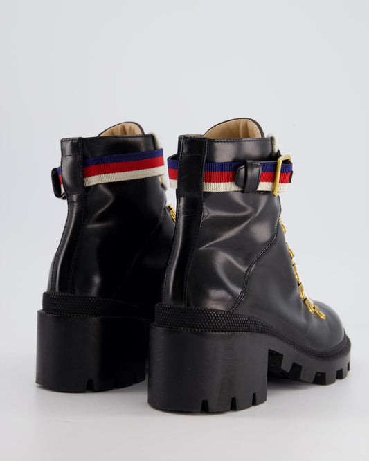 Luxury Gucci Trending 2025 Black Leather Lace-Up Heeled Ankle Boots Size EU 36