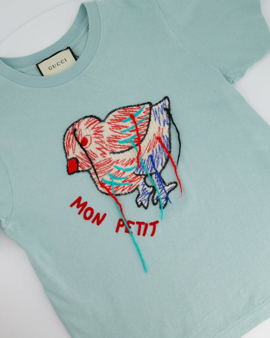 Luxury Gucci Trending 2025 Baby Blue Cotton T Shirt with Embroidered Bird Size S