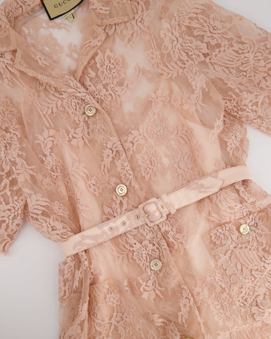 Luxury Gucci Pink Lace Mini Dress with Belt Detail Size IT 36 (UK 8)