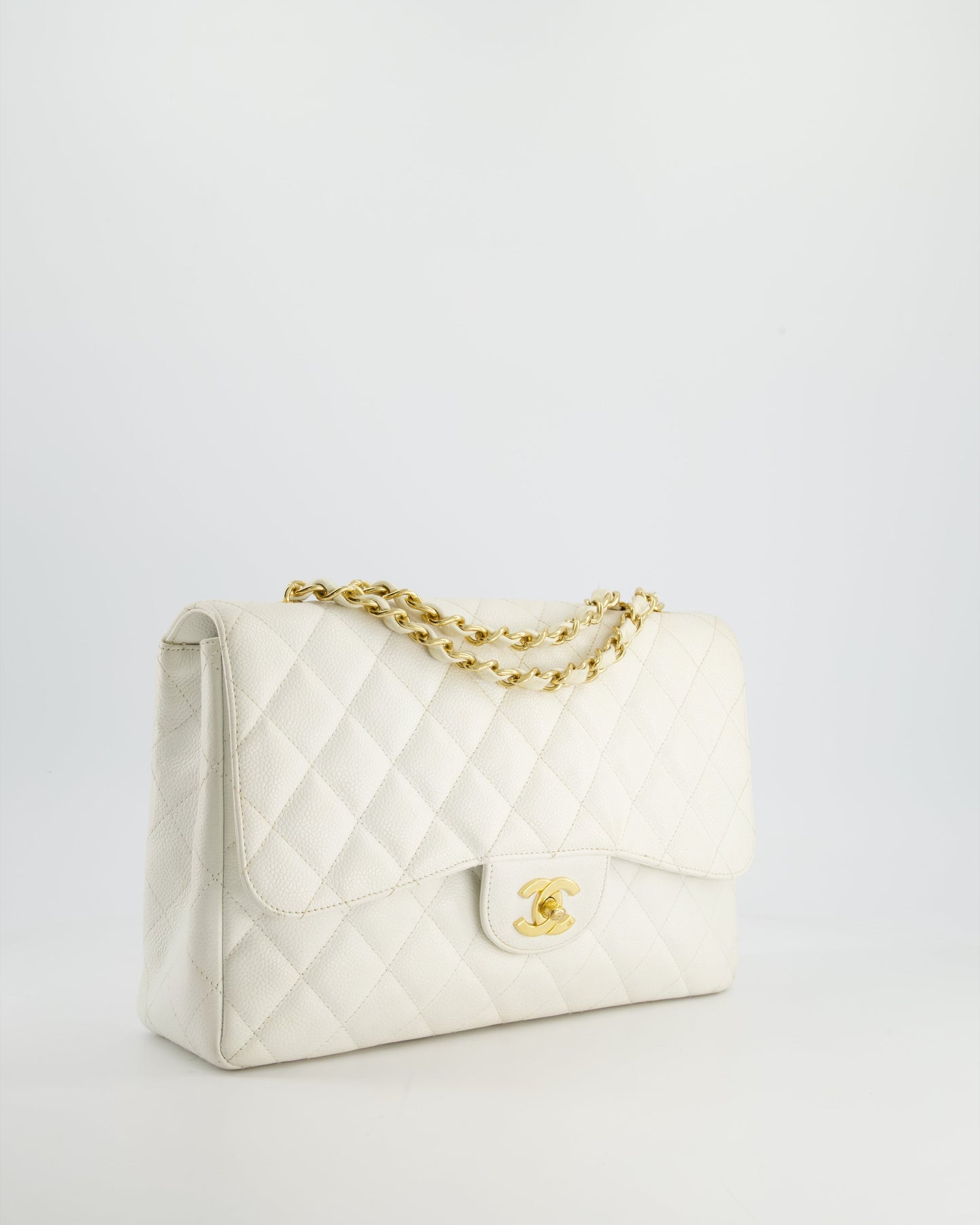 Chanel Vintage White Jumbo Classic Single Flap Bag in Caviar Leather with 24K Gold Hardware RRP £9,240