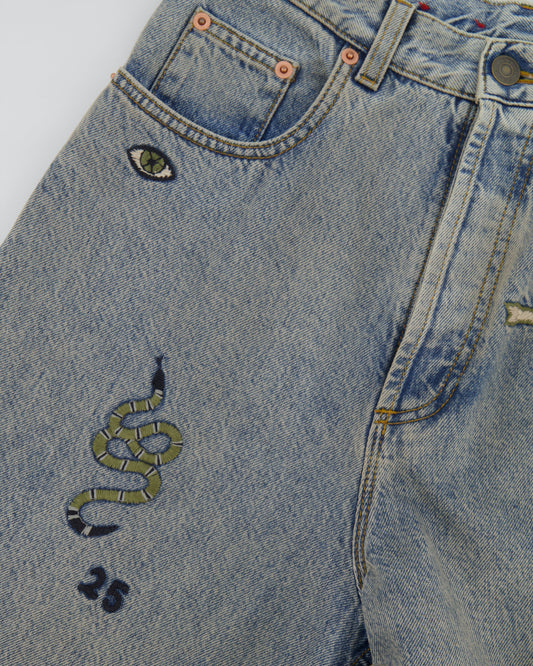 Luxury Gucci Trending 2025 Blue Straight Loved Jeans with Multicolour Embroideries Size 25