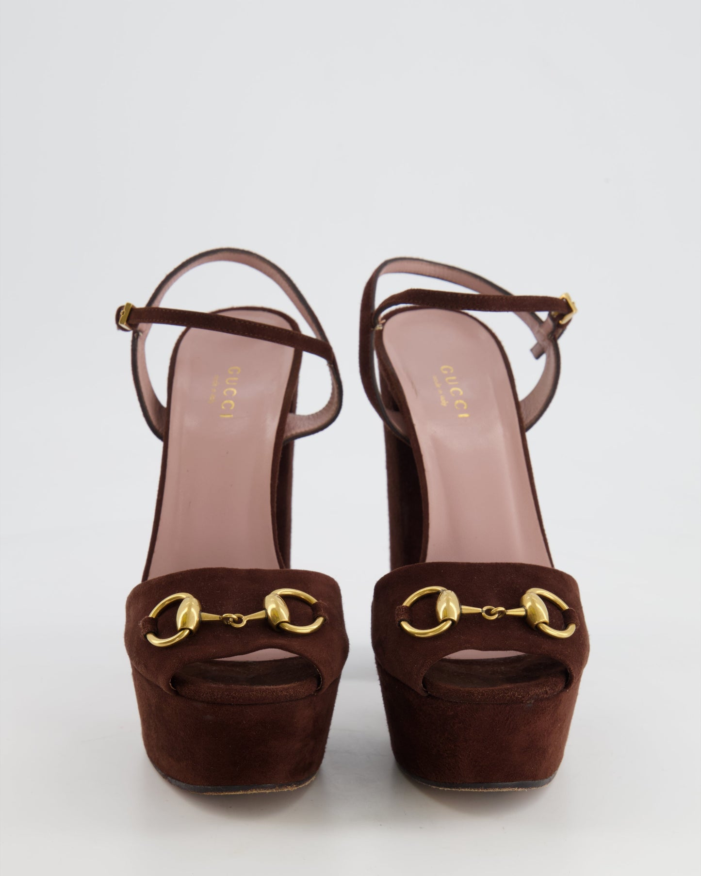 Luxury Gucci Chocolate Brown Suede Horsebit Platform Heels all Size available