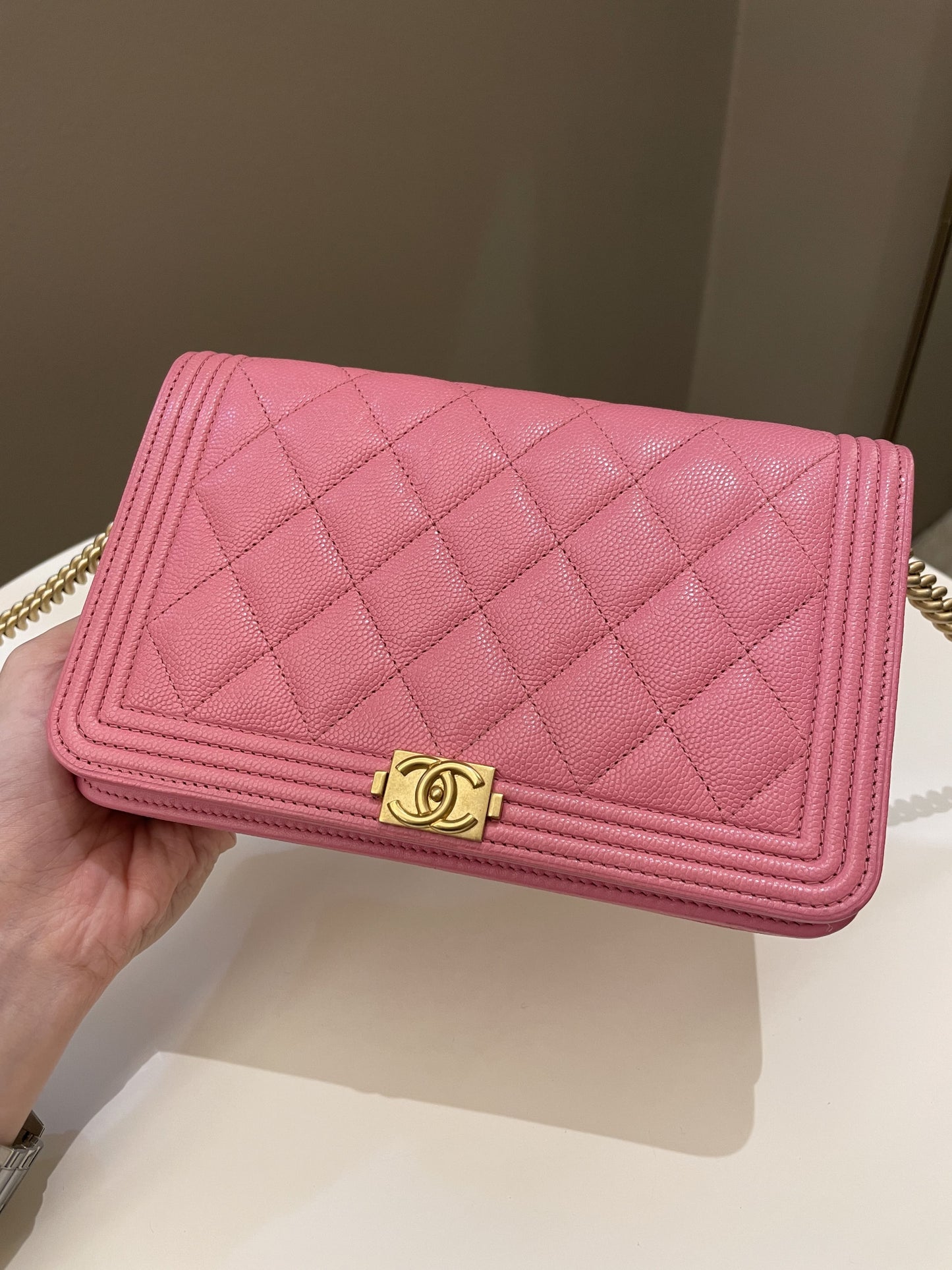 Luxury Chanel Quilted Boy Wallet On Chain Pink Caviar