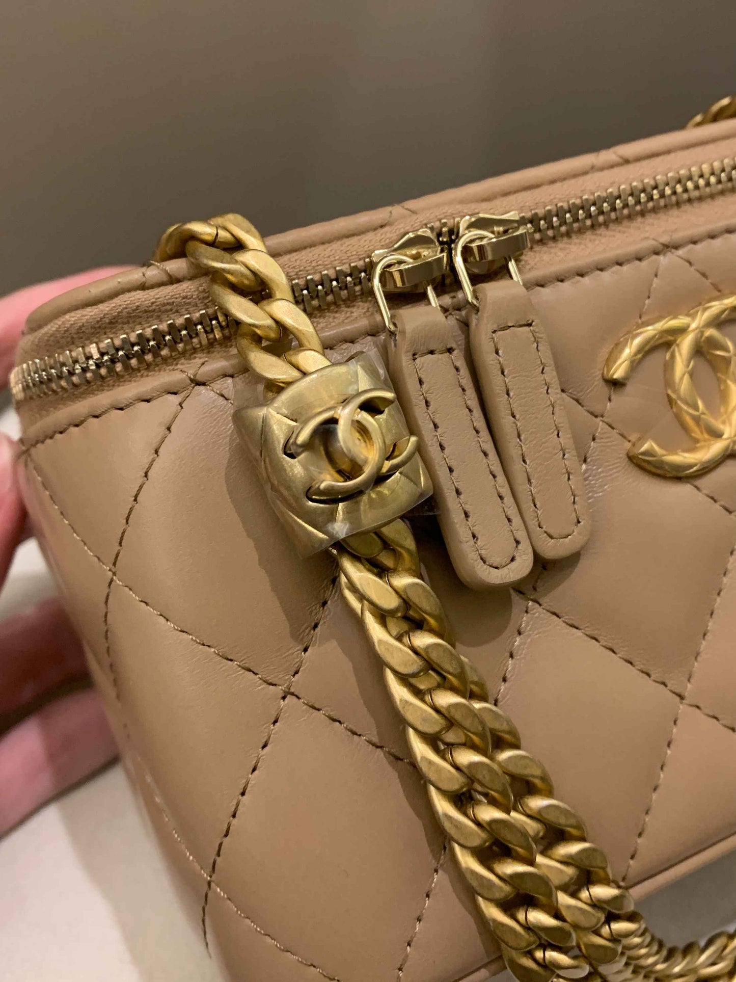 Luxury Chanel 22K Quilted Mini Crush Vanity Rectangular Dark Beige Lambskin