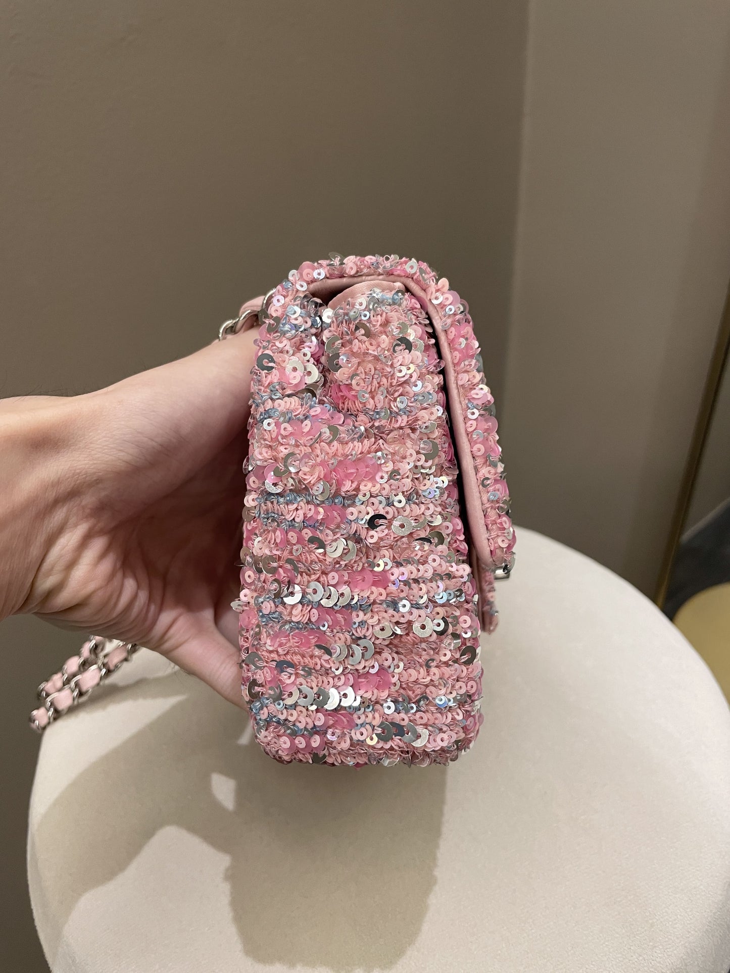 Luxury Chanel Quilted Mini Rectangular Flap Bag Pink Sequins