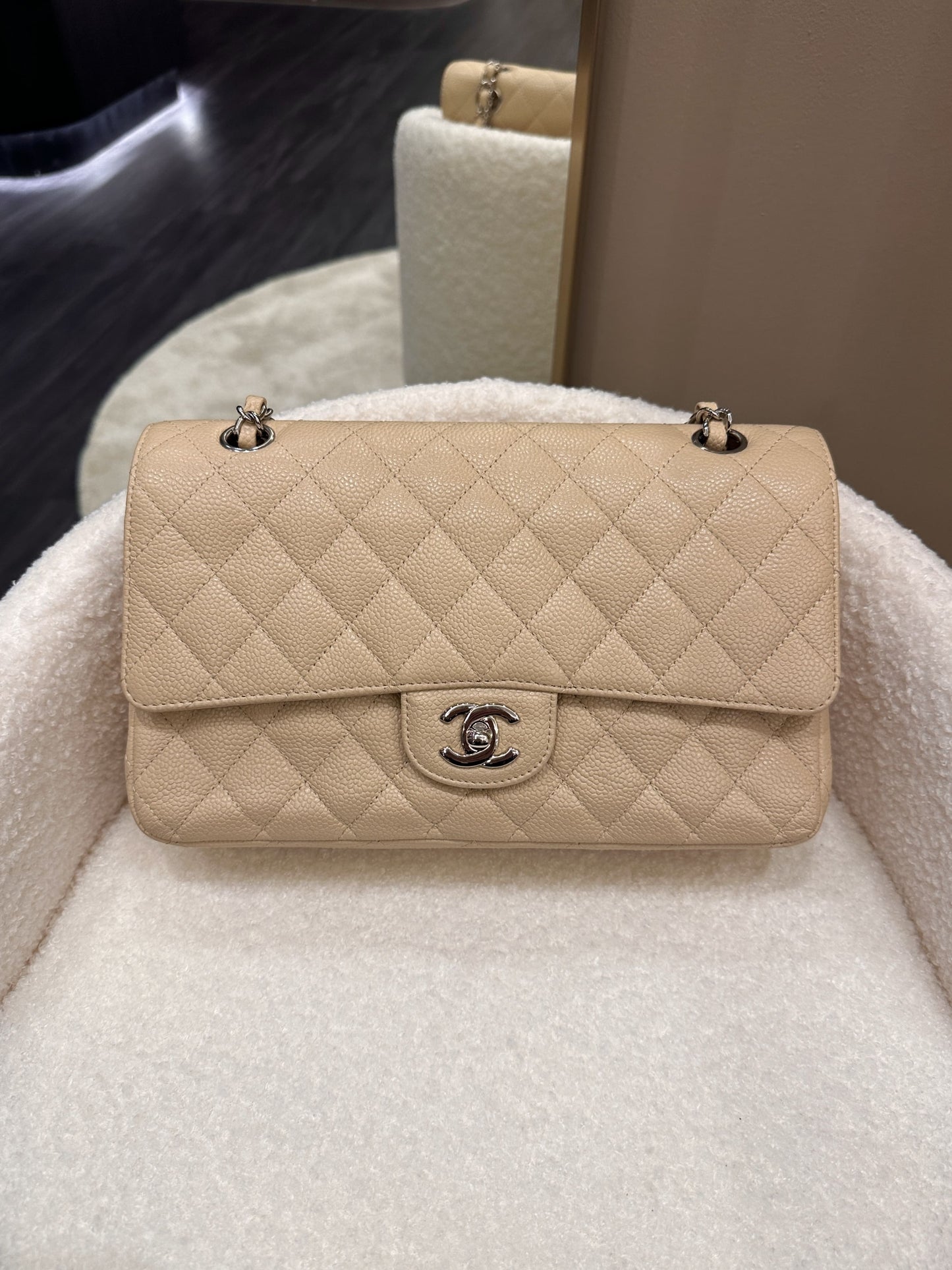 Luxury Chanel Classic Quilted Medium Double Flap Beige Caviar