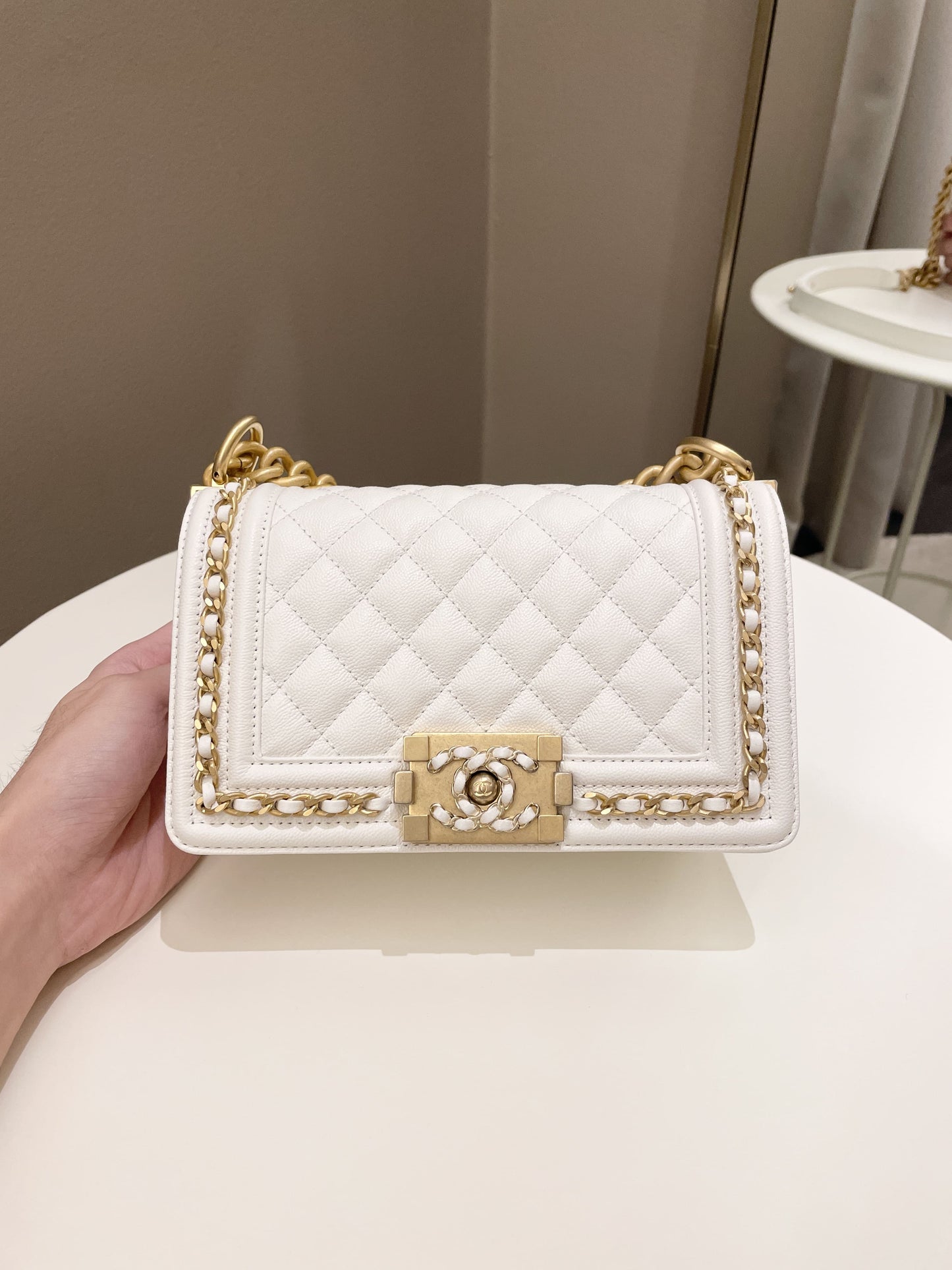 Luxury Chanel Quilted Chain Around Small Boy White Ivory Caviar