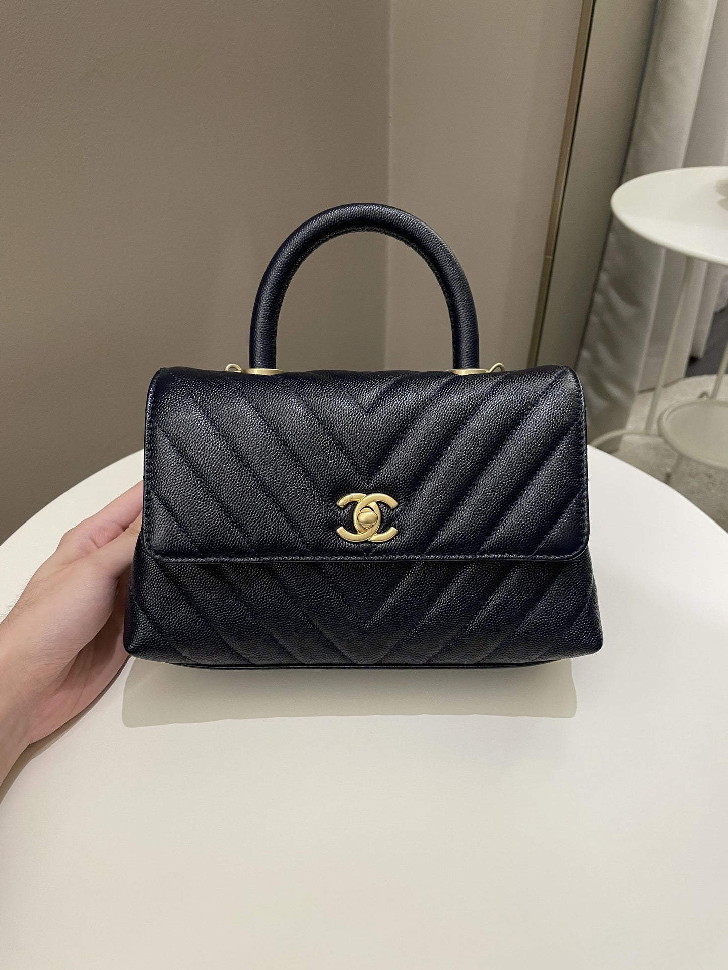 Luxury Chanel Chevron Coco Handle Midnight Blue Caviar