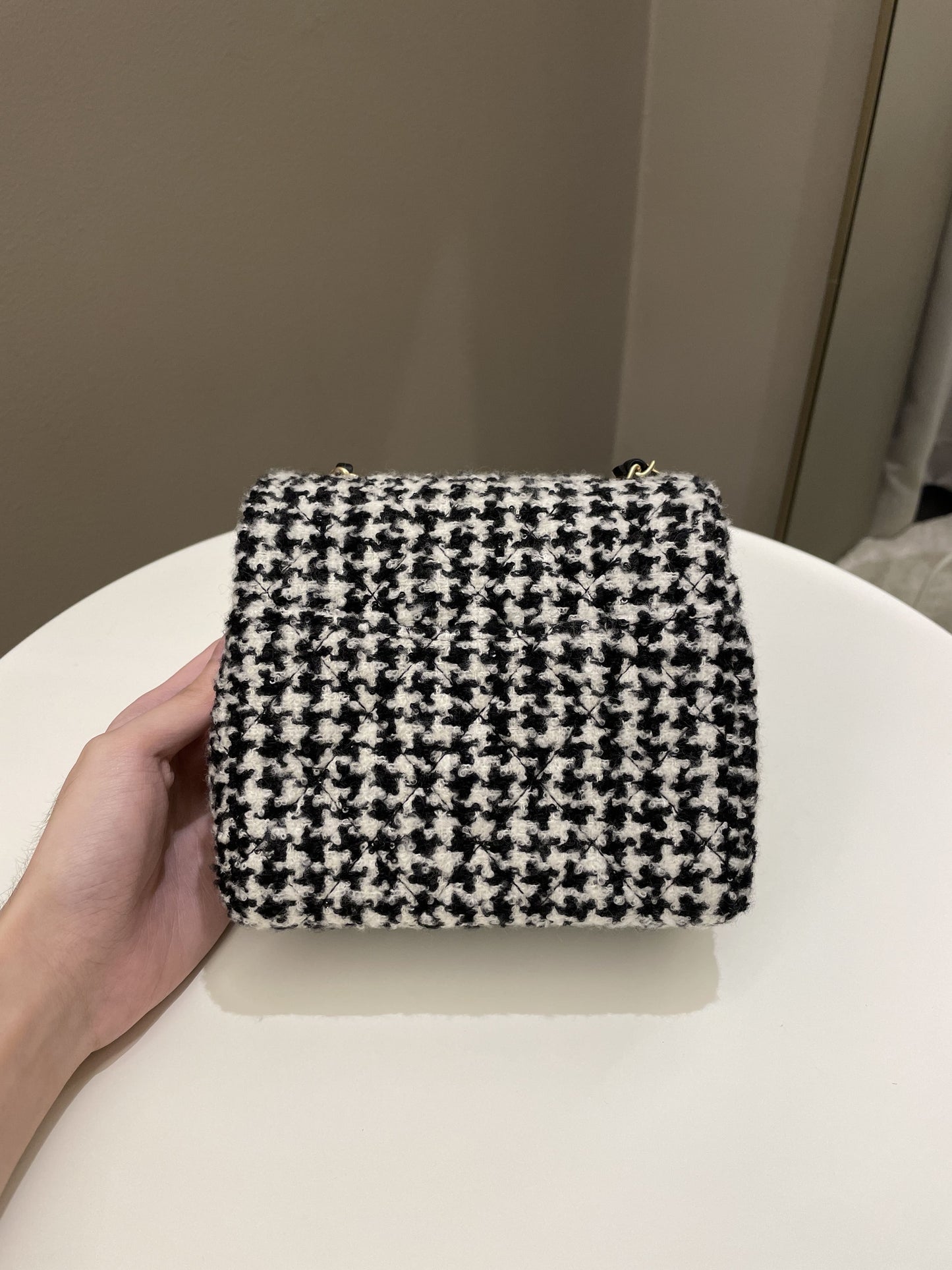 Luxury Chanel 22K Houndstooth Mini Square Black/ White Sequin Tweed