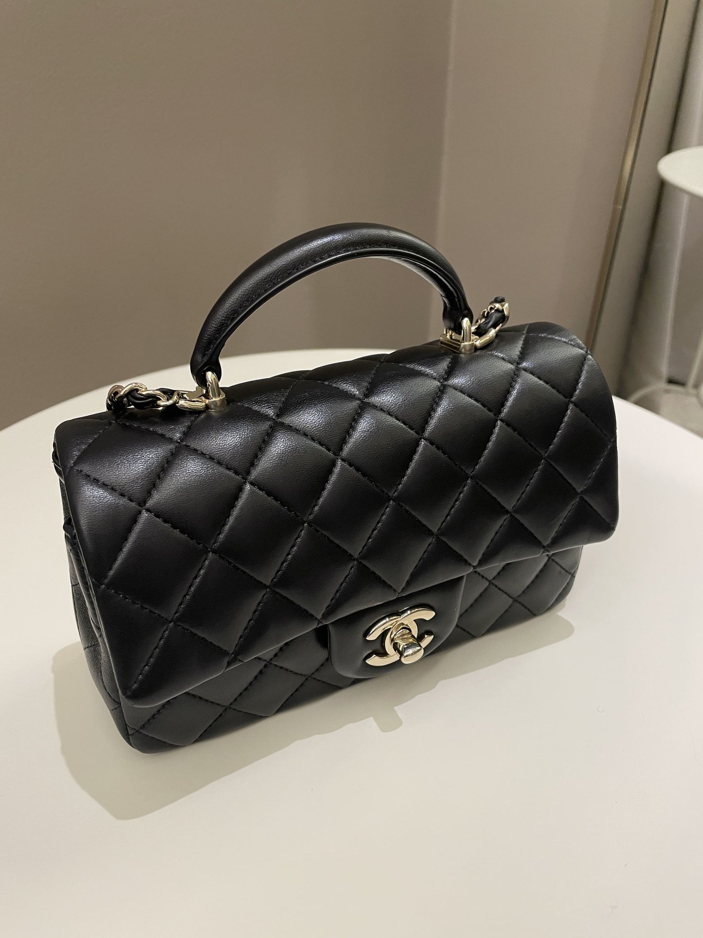 Luxury Chanel Quilted Top Handle Mini Rectangular Black Lambskin