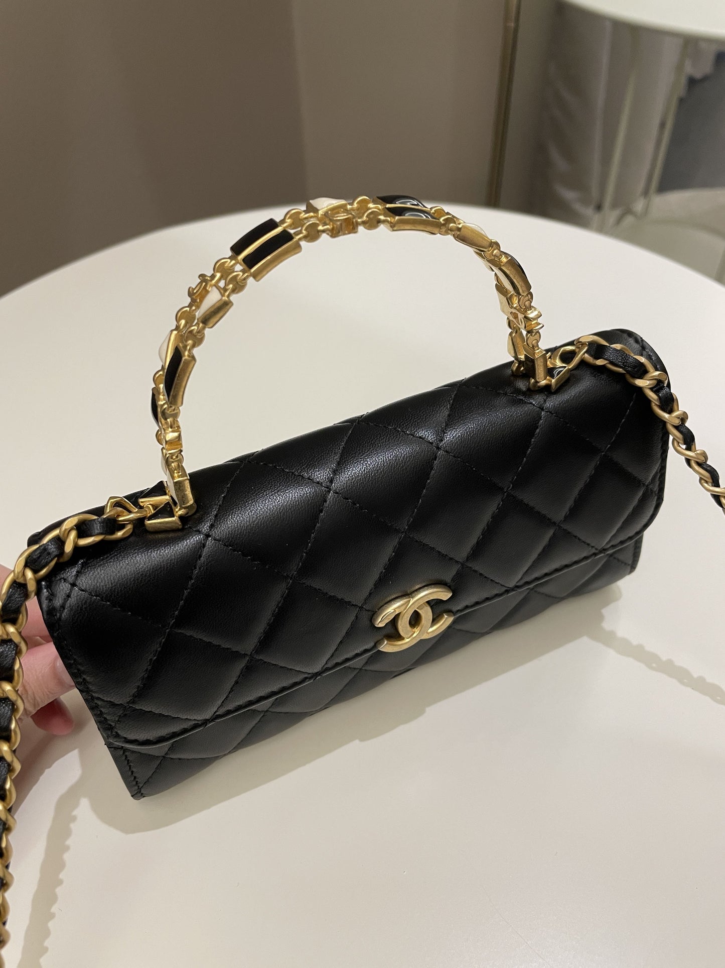 Luxury Chanel 22B Quilted Top Handle Flap Bag Black Lambskin
