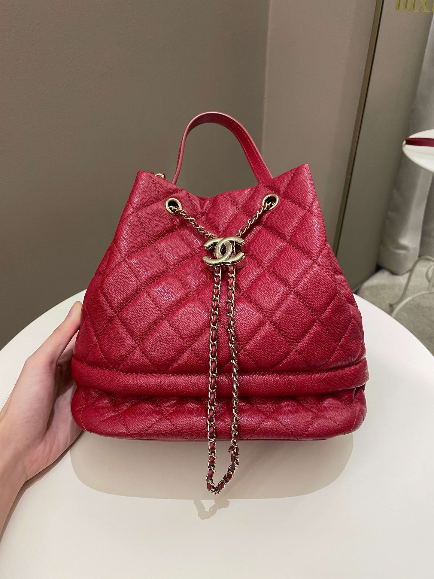 Luxury Chanel Rolled Up Bucket Drawstring Bag Red Caviar