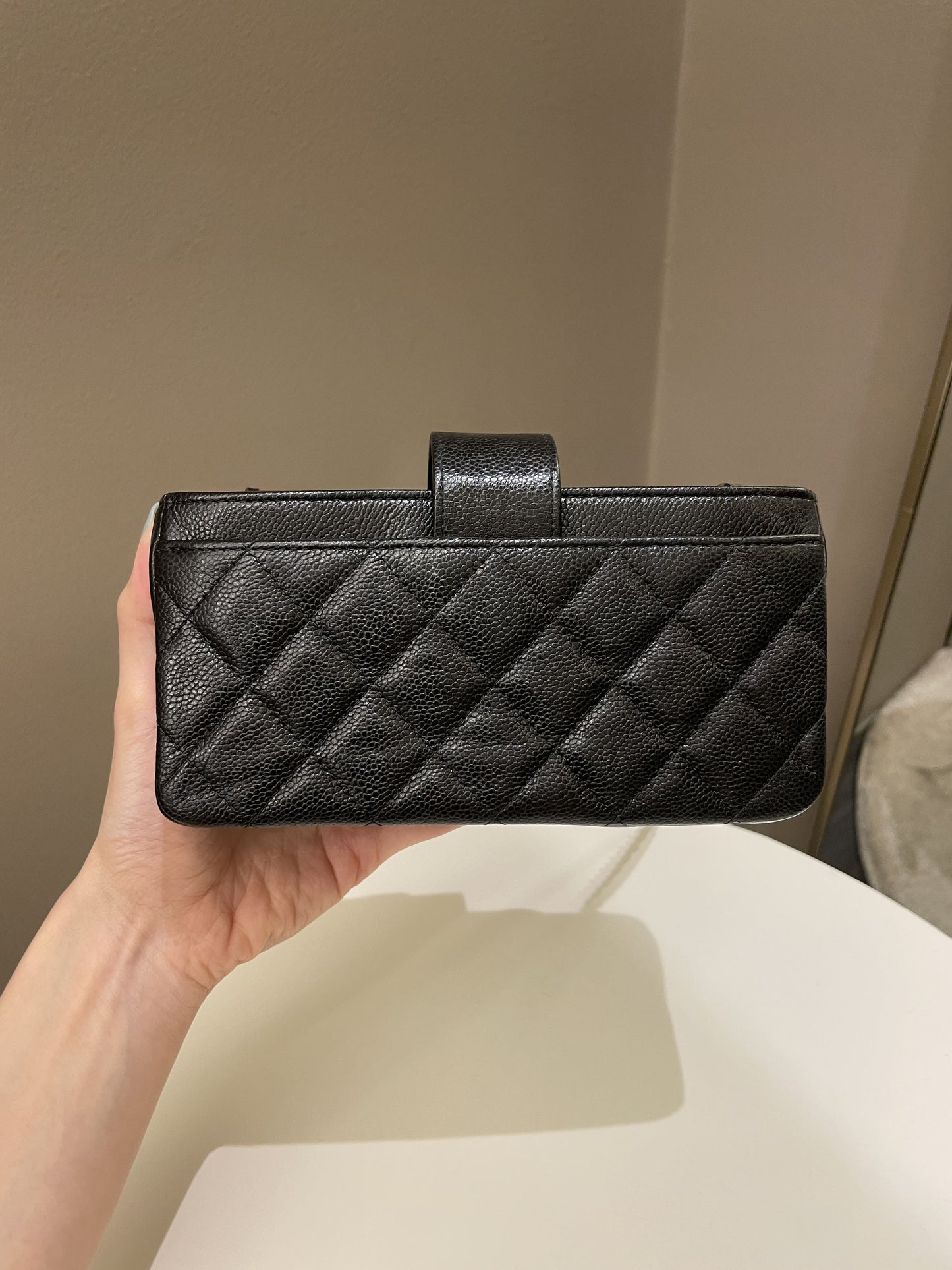 Luxury Chanel 22B Quilted Phone Holder With Chain Black Caviar