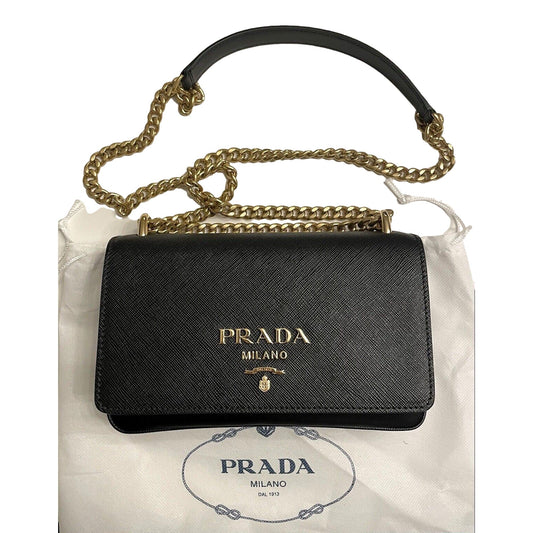 Luxury PradaPattina Black Leather and Nylon Flap Crossbody Bag