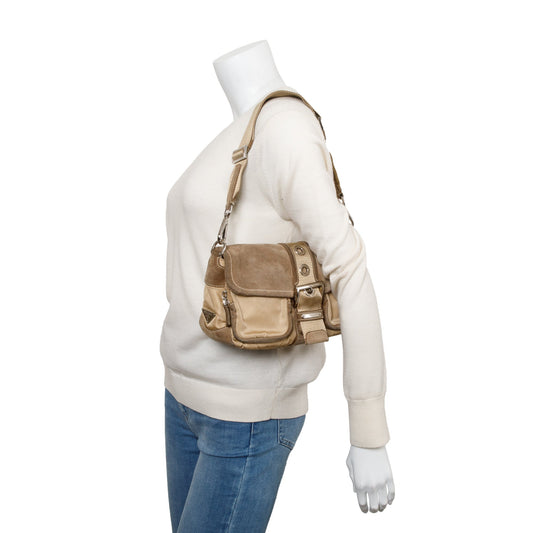 Prada Beige Suede Trim Nylon Buckle Flap Bag