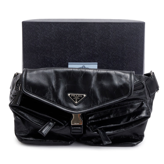 Prada Black Aged Calfskin Leather Belt Bag